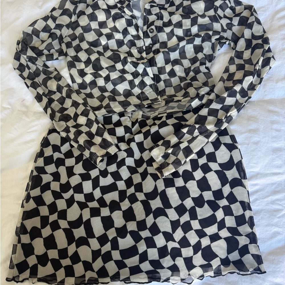 Black and White Geometric Mesh Dress Set